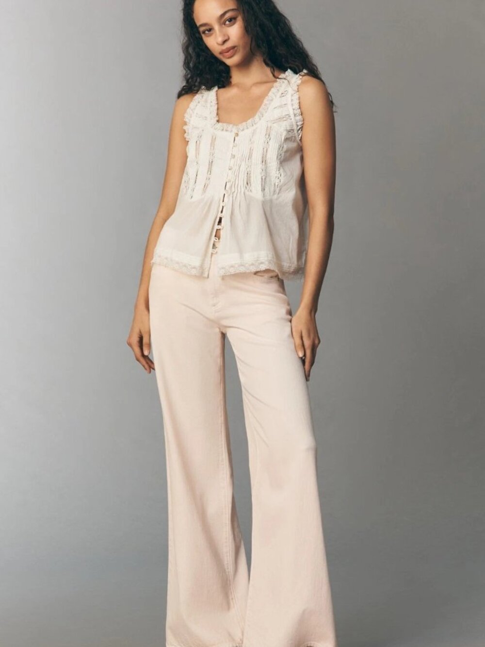 By Anthropologie 100% Cotton Lace Ruffle Tank Top Buttondown Ivory XL 290295